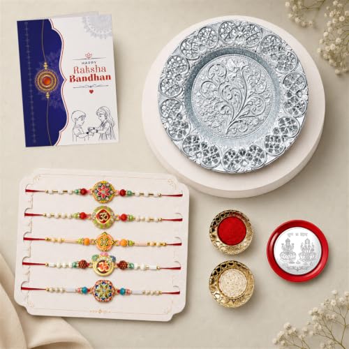 Image of Oblivion Trendy Ethnic Multicolor Rakhi Combo for Brother Bhaiya Bhai with Thali, Roli Tikka, Silver Color Pooja Coin & Greeting Card | Traditional Thread Bracelet | Rakshabandhan Gift Set | Pack of 9