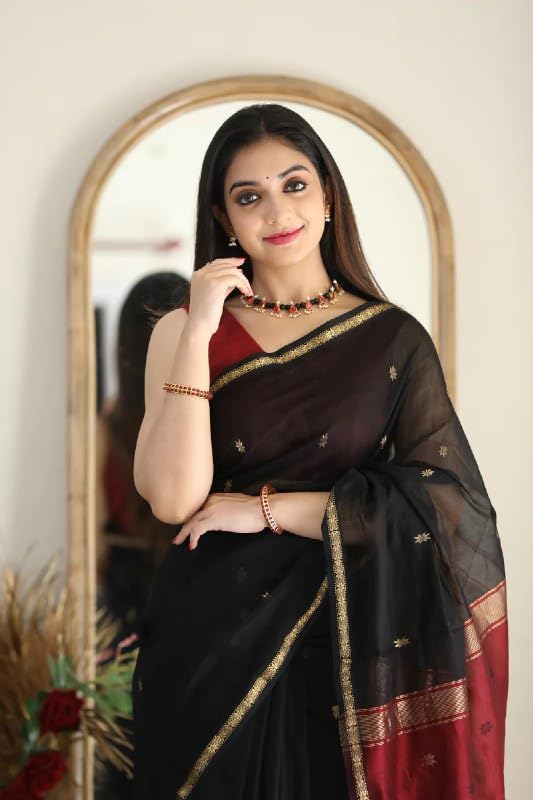 Image of Flosive Women's Chanderi Cotton Silk Saree in Dual-Tone Black & Maroon | Elegant Gold Zari Border with Butti Work | Traditional Saree with Unstitched Blouse Piece