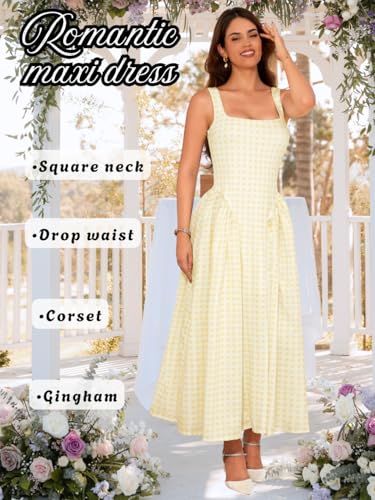 Plaid Maxi Dress, Square-Neck Drop-Waist, Wedding-Guest Party, Flowy A-Line Dresses for Women Date-Night Pastel2