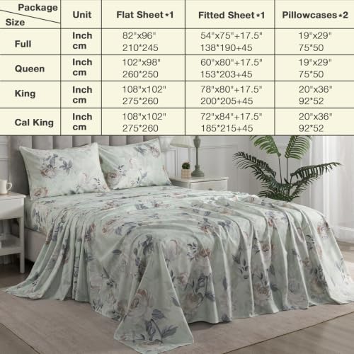 Image of Sage Green Floral Percale Sheets California King Deep Pocket, 4Pcs | 100% Cotton Neutral Printed Sheet Set, Flower Leaf Farmhouse Bed Sheets, Vintage Designer Bedding, Shabby Chic, Aesthetic