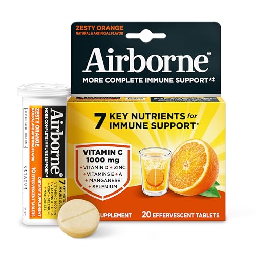 Image of Airborne 1000mg Vitamin C with Zinc Effervescent Tablets, Immune Support Supplement with Powerful Antioxidants Vitamins A C & E - 20 Fizzy Drink Tablets, Zesty Orange Flavor