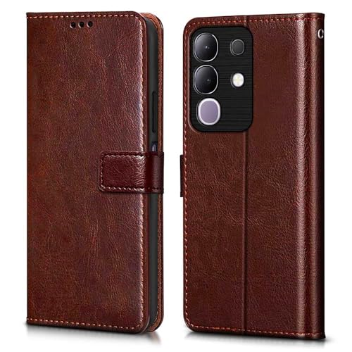 Image of WOW IMAGINE Shock Proof Flip Cover Back Case Cover for Vivo T4x 5G | iQoo Z10x 5G | Vivo Y31 Pro 5G (Flexible | Leather Finish | Card Pockets Wallet & Stand | Chestnut Brown)