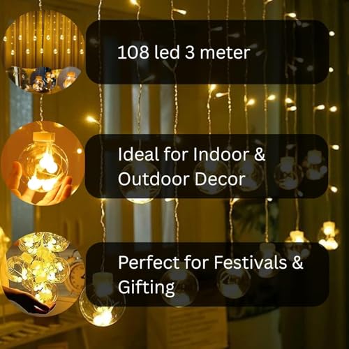 Image of One94Store 12 Wish Ball Curtain LED String Lights - Pack of 1, 3 Meter Warm White Curtain Light with 108 LEDs & 8 Flash Modes for Window, Room, Diwali & Festival Decoration