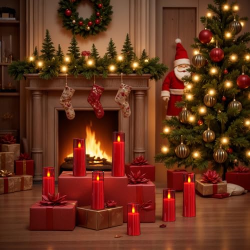 Image of Homemory Decorative Flameless Candles, Battery Operated Candles with Remote & Timer, Flickering Led Pillar Candles, Plexiglass, Red, Pack of 9, D2.2 xH 5 inch 6 inch 7 inch