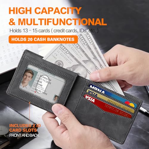 Image of Wallet for Men Slim RFID Blocking Bifold Carbon Fiber,Minimalist Small Compact Front Pocket Credit Card Holder,Thin Mens Leather Wallets Smart Security With 2 ID windows 1 Cash (Crazy Horse Grey)