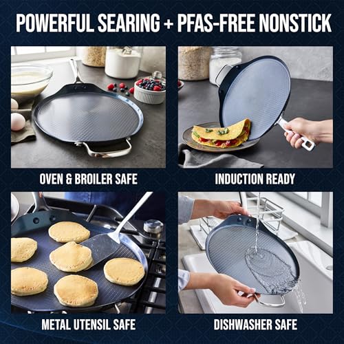 Image of Blue Diamond Hybrid Nonstick Stainless Steel 12 inch Griddle Pan, XL Skillet, PFAS-Free Ceramic Diamond Bond Searing, Pancakes & Omelets, Dishwasher Safe, Stay-Cool Handle, Induction Ready, All Cooktops