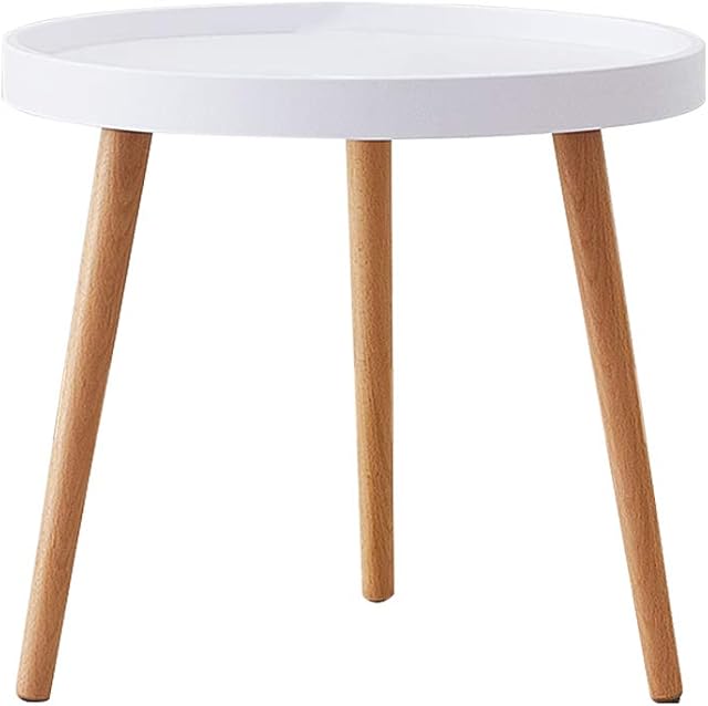 TUKAILAi Modern Round Coffee Table Side Lamp End Table with Wood Legs Dia 50x45cm White Small Table for Living Room Bedroom