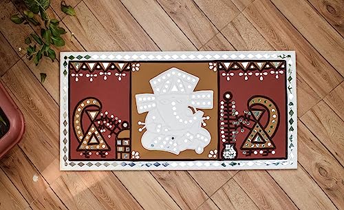 Image of Ethnics of Kutch Traditional Kutch Handicraft Mud-Mirrorwork Lippan Kam Wall Art (Water and Break Resistant) - Rectangle (24 Inch x 12 Inch) - (White - LKT-0410)