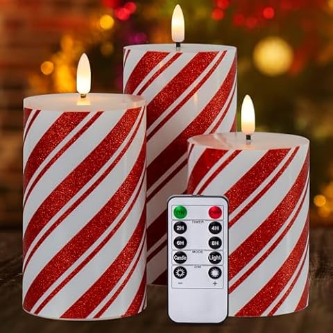 Yongmao Red Stripes Glitter Flickering Flameless Candles, Christmas Battery Operated Pillar Real Wax LED Candle with Timer for Home Christmas Party Decor D3 x H4 5" 6" Set of 3 Cover