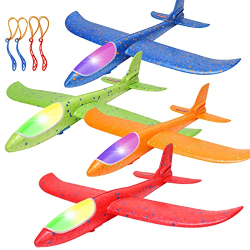 BooTaa 4 Pack LED Light Airplane,17.5' Large Throwing Foam Plane,2 Flight Mode Glider,Flying Toy for Kids,Gifts for 3 4 5 6 7 8 9 Years Old Boy,Outdoor Sport Toys Birthday Party Favors Foam Airplane