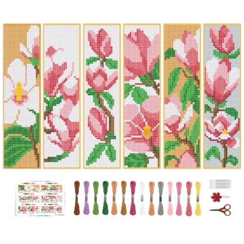 Image of BEUNITONE 6 Pcs Flower Cross Stitch Bookmark Kits for Beginners Magnolia DIY Stamped Cross Stitch Kit Vintage Floral Embroidery Kit with Instruction for Craft Book Lover Reader Writer 8''x2.4''