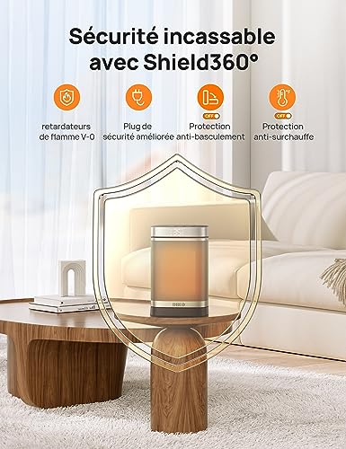 dreo chauffage d'appoint atom one, oscillant sur 70°, Électrique, radiateur céramique ptc avec thermostat, minuterie 1 12 h, télécommande, protection anti surchauffe et anti basculement, mode eco