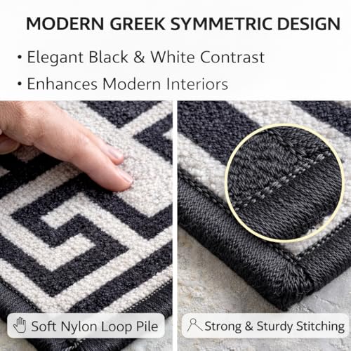 Image of Matz&More Greek Symmetric Key Rug | 100x150 CM | Black White | Soft Nylon Loop Pile with Anti-Slip Gel Backing | Living Room, Bedroom & Office Floor Carpet