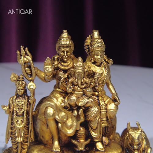 Image of Brass Shiv Parivar Idol 5cm | Antique Golden Finish Lord Shiva Parvati Ganesh Kartikeya Statue | Handcrafted Brass Murti for Pooja Temple Home Office Decor Spiritual Navratri Diwali Gift Showpiece