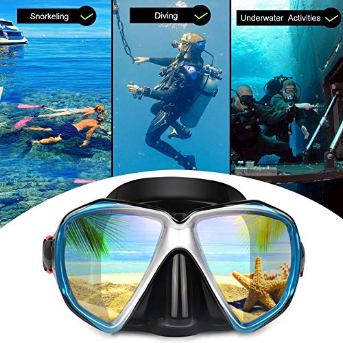Image of Snorkel Diving Mask Panoramic HD Swim Mask, Anti-Fog Scuba Diving Goggles,Tempered Glass Dive Mask Adult Youth Swim Goggles with Nose Cover for Diving, Snorkeling, Swimming (Black+Blue 2 Pack)