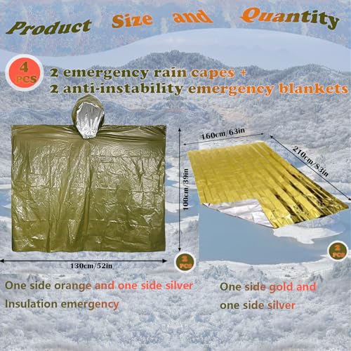 Image of 4X Survival Gear kit, Emergency Poncho (2pc), Emergency Space Blanket (2pc), Mylar Liner - Retains 92% Body Heat, for Outdoors, Hiking, Camping, Bug Out Bag, Marathons or First Aid, Car (Green)