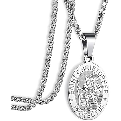St Saint Michael Christopher Necklace Pendant Medal for Men Women with Stainless Steel Chain 24 Inches, Stainless Steel Cover