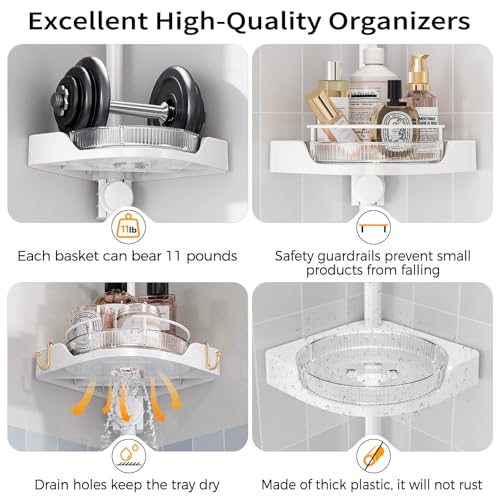Image of 360 Rotating Corner Shower Caddy Tension Pole Organizer (White) | 4-Tier rotating shelves with hooks, adjustable tray height, upgraded rustproof metal pole, removable trays for shower storage