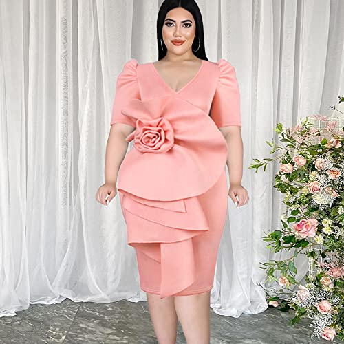 ONTINVA Women V-Neck Flower Short Sleeve Ruffle Formal Party Dress Work Office Cocktail Dresses2