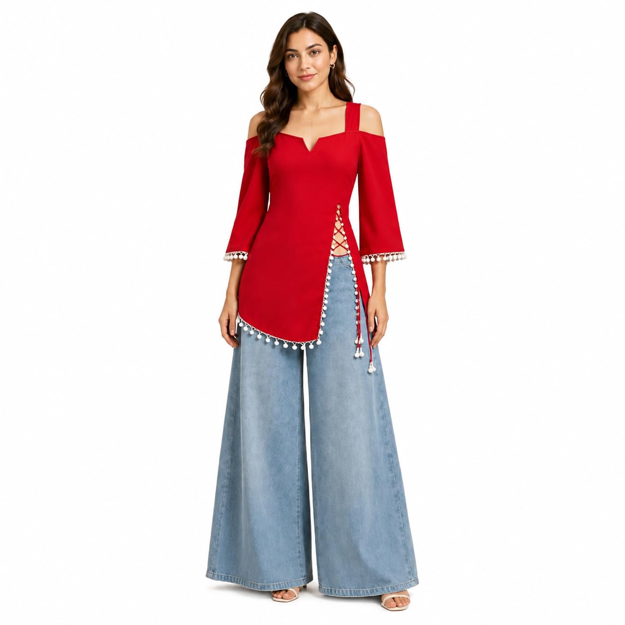 Mustard Printed Cold-Shoulder Kurti with Pom-Pom Trim | Side Lace-Up Dori Detail, 3/4 Sleeves, Indo-Western Style, Festive & Casual Wear.-image-39