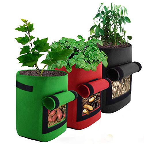 Preisvergleich Produktbild Minerle 3 Packungen Kartoffel-Pflanzbeutel für Gemüse, atmungsaktiv, Vliesstoff mit Riemen, Haken und Schlaufenfenster für Kartoffel / Karotte, Kindergarten, Garten und Pflanzung (Rot + Grün + Schwarz)