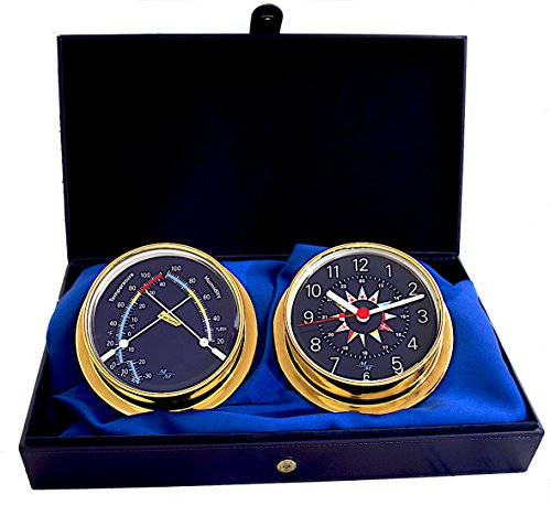 MASTER-MARINER Blue Mariner Collection, 10 Pack Nautical Cabin Gift Set, 5.75” Diameter Clock and Comfort Meter Instruments, Gold Finish, Blue Signal Flag dial