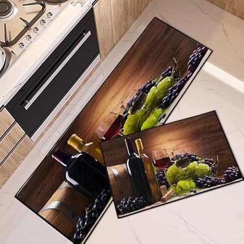 Tayney Red Wine Kitchen Rugs and Mats Non Skid Washable Set of 2, Grapes Wine Glasses Kitchen Mats for Floor, Farmhouse Kitchen Runner Rug, Romantic Kitchen Decor Cover
