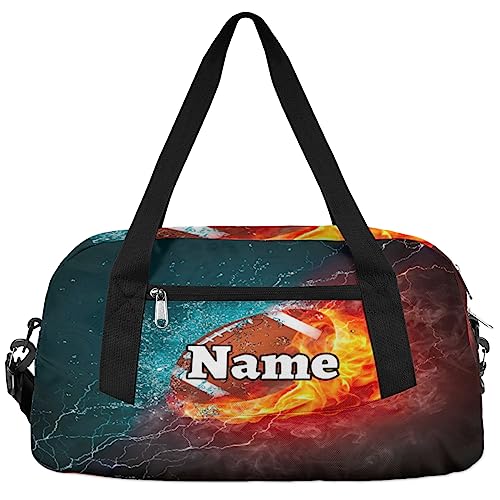 Sports Custom Name Kids Duffel Overnight Bag for Little Boys Girls Teen, Football on Fire and Water Personalized Small Gym Sport Duffel Bag Travel Weekender Tote Carry-On Dance Bag