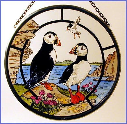 Decorative Hand Printed Stained Glass Window Sun Catcher/Roundel in a Puffins Design.
