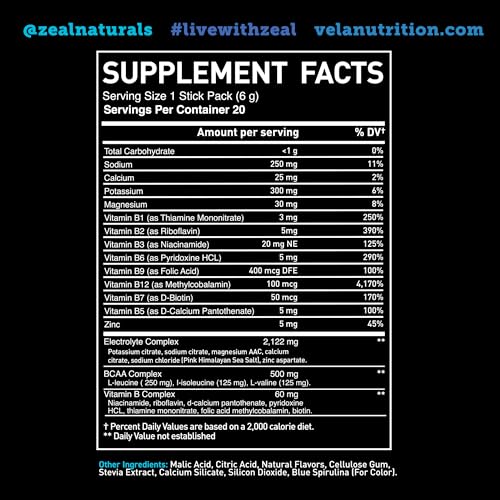 Image of Enhanced Electrolyte Powder Stick Packs (Blue Raspberry | 20 Packets) w / 0 Sugar +BCAAs +B-Vitamins Electrolyte Supplement w Potassium Zinc & Magnesium for Hydration - Keto Electrolytes