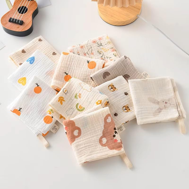 Little Boo Muslin 6 Layer Organic Cotton Face Towel for Newborn Baby, Baby Bath Towel Wipes Extra Soft Hankies Handkerchief for Kids, Reusable Towel for Toddlers Kids - (Pack of 5) - Beige Printed.-image-18