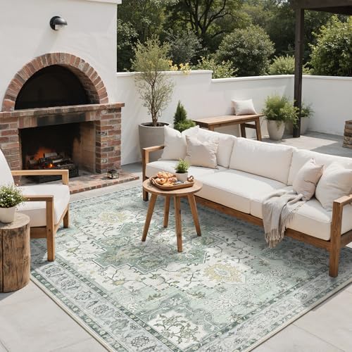 GENIMO Outdoor & Indoor Area Rug 5'x8', Waterproof, Non-Shedding, Easy Cleaning, Boho Mat for Patio, Living Room, Balcony, Dining Room, RV, Deck, Bedroom, Camping, Outside Carpet,Light Green by GENIMO - Used condition - Image 6