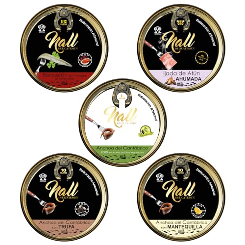 NALL DELICATESSEN (Pack 5 Latas) Anchoas Cantábrico XXL 000, Ventresca Atún Salvaje Ahumada, Boquerón Vinagre con Pimentón, Lata aroma TRUFA y Lata aroma MANTEQUILLA.