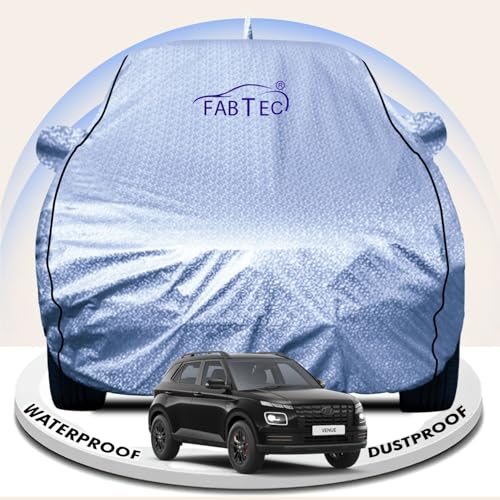 Image of FABTEC Metallic Silver Waterproof Car Body Cover for Hyundai Venue Sun, UV and Dust Protection with Mirror and Antenna Pocket (Reflective Silver with Black Piping)