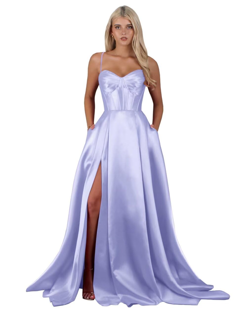 Spaghetti Straps Satin Prom Dresses with Slit A Line Long Formal Evening Party Gowns with Pockets