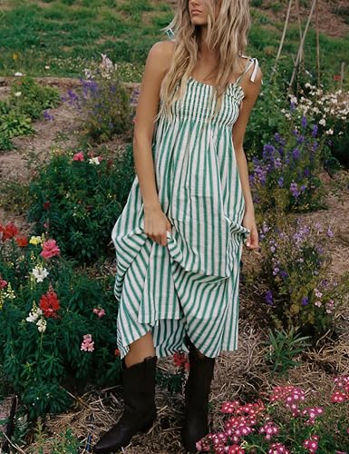 Lentta Women's Striped Smocked Maxi Dress Causal Spaghetti Strap Stretchy Flowy Swing Long Dress with Pockets3