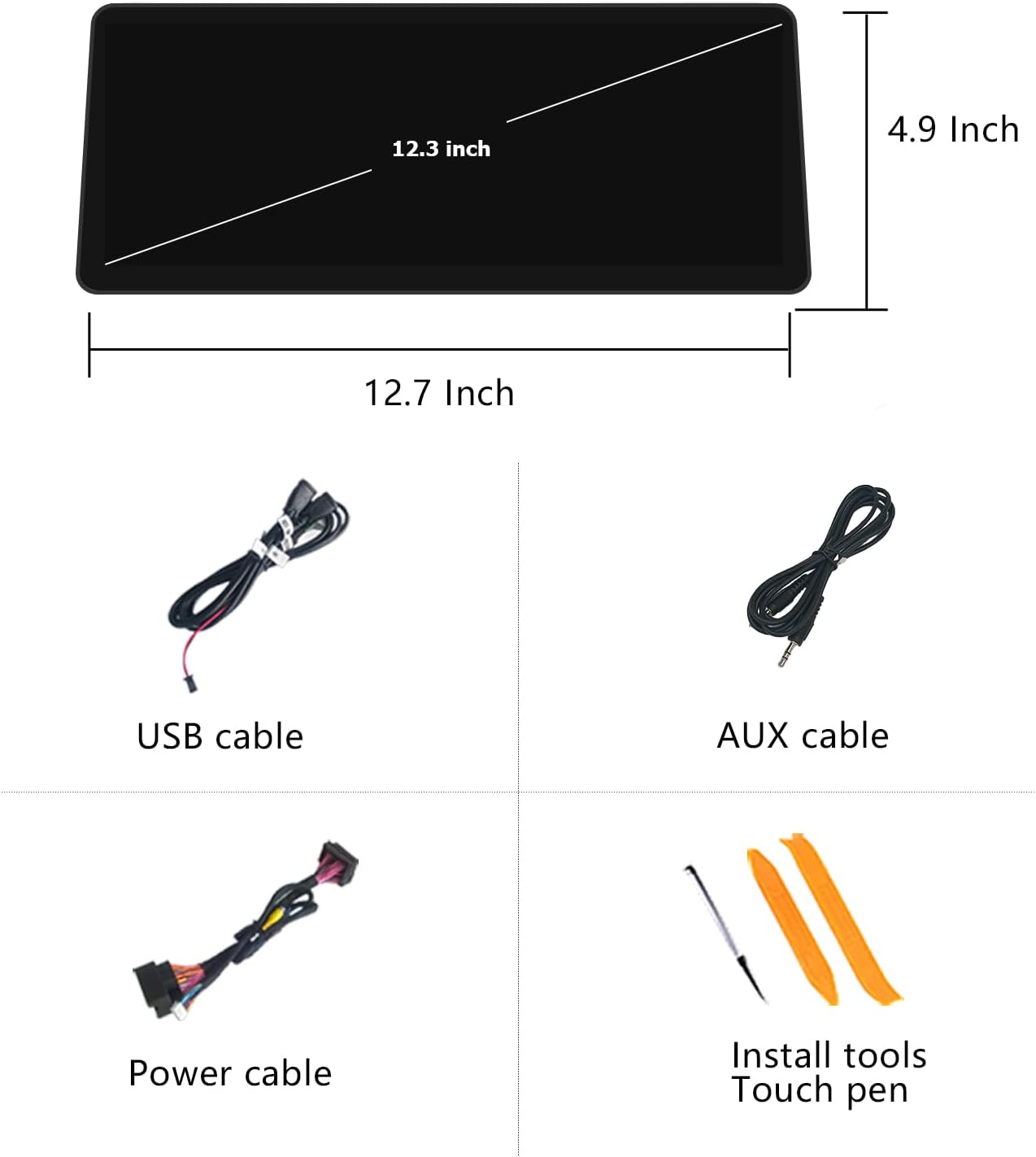 Image showing the contents of the product package: 12.3 inch screen, USB cable, AUX cable, power cable, installation tools, and touch pen.