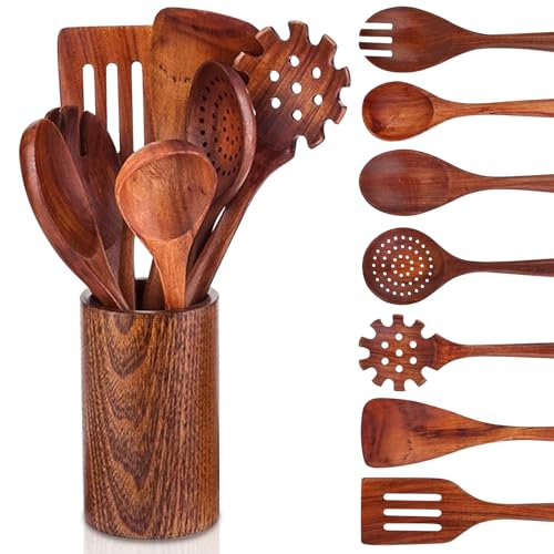 Recopilación de Cucharas de cocina Top 10. 43 BTOOTB Juego de 8 Utensilios de Cocina de Madera de Teca, Cuchara de Madera para Cocinar, Juego de Utensilios de Cocina Antiadherentes, Juego de Palas de Madera Con Mango Cómodo