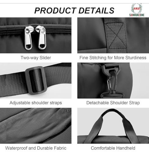 Image of SRZ Samrukzone Nylon Travel Duffle Bag with Wet Pocket & Shoe Compartment, Weekender Overnight Gym Shoulder Bag for Men & Women (44 x 18 x 29 cm (Black)