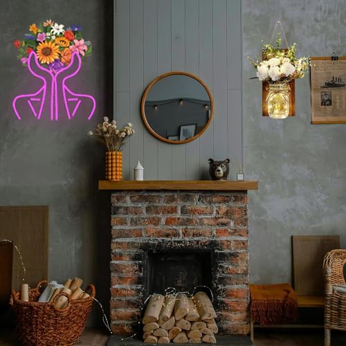 Image of Hand Bouquet Neon Lights,LED Hand Bouquet Neon Signs for Wall Decor, Neon Light Sign Neon Room Decor,USB Night Lights for Bedrooms,Shops,Florists,Bars,Parties,Wedding,Holiday Gifts(pink /12.6*14.6in)