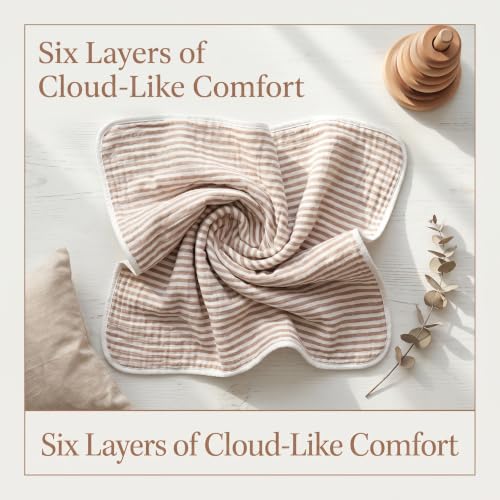 Image of 6-Layer Cotton Muslin Baby Blanket 43x43 inch Swaddles Coffee Striped