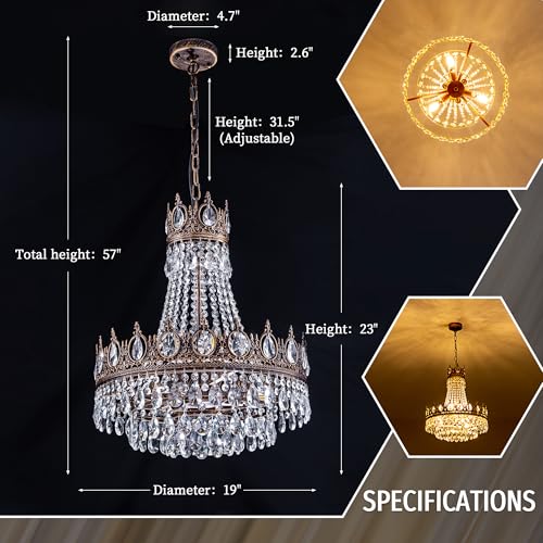 TOCHIC French Empire Crystal Chandelier 6-Light Farmhouse Antique Bronze Chandelier Vintage Rustic Ceiling Light Fixture for Dining Living Room, Bedroom, Kitchen Island, Bathroom, Foyer, 19" W by TOCHIC - Image 4