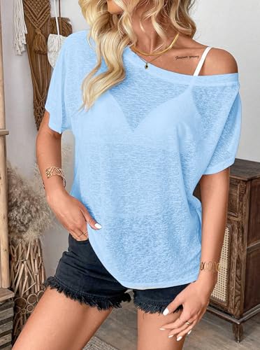 Image of Hilinker Women's Sheer Off The Shoulder Tops See Through Sexy Short Sleeve Mesh Shirt Summer
