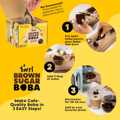 Twrl Brown Sugar Boba Bubble Tea Toppings - Taiwanese Boba Pearls, Cafe-Style Tapioca Milk Tea Topping, Instant - Perfect for Milk Teas and Coffee, Gluten-Free, Plant-Based - Pack of 12 Single Servings