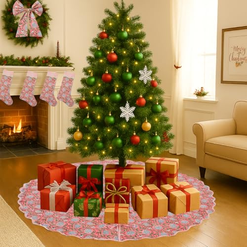 Ridhi Dark Salmon Hand Block Printed Christmas Tree Skirt 60'' Inch Cute, Boho,Decorative, Rustic, Vintage, Indoor, Outdoor, Holiday Decor, Christmas Decoration Halloween Fall Thanksgiving Gifts by Ridhi - Image 6