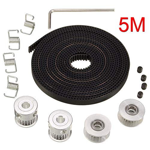 Electrely Correa Dentada GT2 de 5M + 2Pcs 5mm 20 Dientes Rueda de Polea de Sincronización + 2Pcs Ocioso + 4Pcs Muelle de Torsión + L-Shaped Hexagonal Llave Inglesa para Impresora 3D RepRap