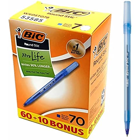 70 x BIC Xtra Life Round Stic Ballpoint Pens, Medium Point (1.0mm), Translucent Barrel - Blue Ink Cover
