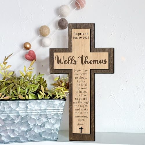 Image of Godashop Personalized Baptism Cross Wood Sign, Wooden Sign Baptism Gifts For Baby, Christening Gifts Crosses for children, Baptized Cross Sign, Dedication Gift - A8