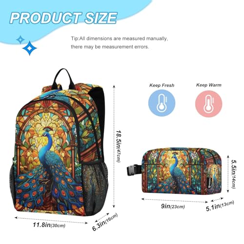 Backpack Peacock Stain Glass for School Girls Boys, Backpack for Women Men, Lightweight Bookbag with Lunch Box Travel Laptop Daypack 18.5” x 11.8”4