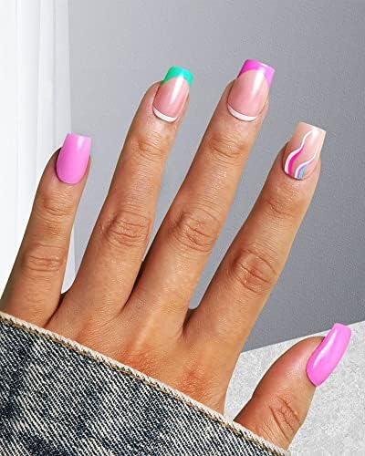 LADYING 24 Pcs Almond False Nails Short, Gradient White French Press on Nails Designs, Natural Nude Fake Nails Short with Nail Glue,Oval Stick on Nails for Women, Nail Fake Nail for Nails Art